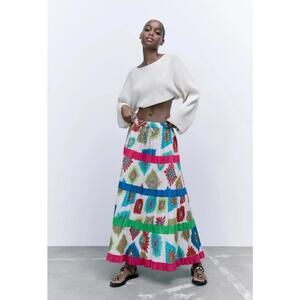 NWT ZARA High Waisted Long Printed Cotton Tiered Maxi Skirt Size Medium